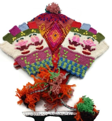 Set of Chullo with Gloves Knitted in Multicolor Wool Winter 