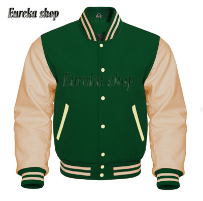 Mannen katoen wol honkbal wit PU lederen mouwen Varsity Letterman