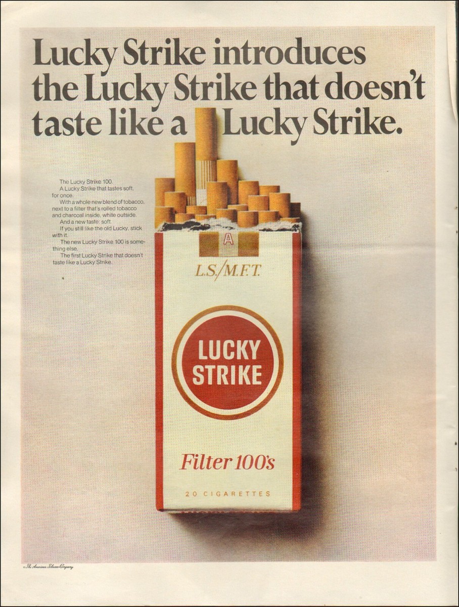 1967 Vintage ad for Lucky Strike Cigarettes`retro pack Tobacco