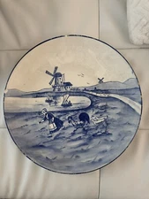 VINTAGE Blue Delft Blauw Made in Austria Windmill River Boats Charger 15''