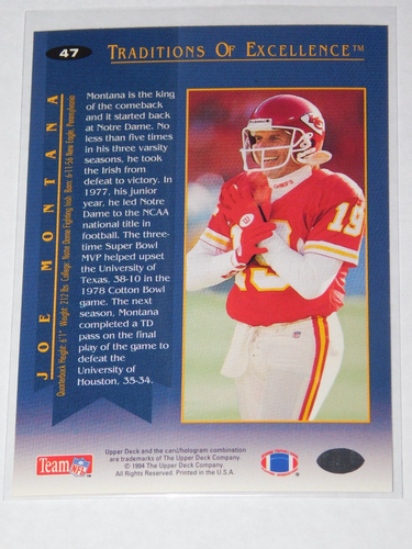 1994 COLLECTOR'S CHOICE JOE MONTANA CARD #47 - Picture 2 of 2