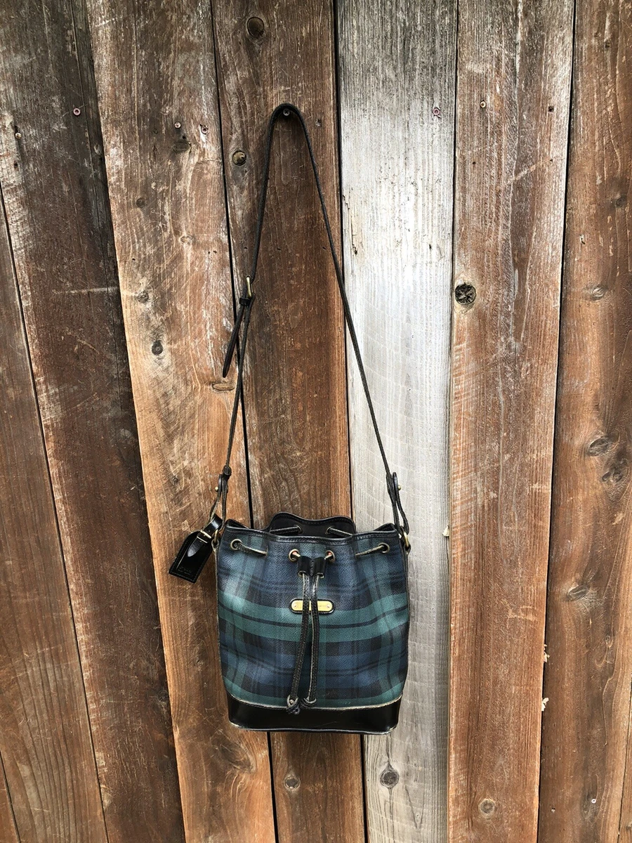 Vintage Polo Ralph Lauren Plaid Bucket Bag Green Black Leather