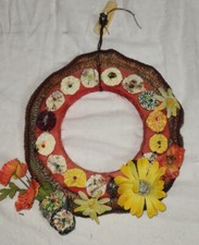 Vintage 11 Inch Hand Made Door Wreath Decor Funky Fabric Fake Flowers Silk