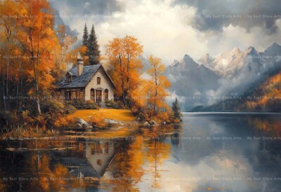 Cozy Autumn Lake Cabin Wall Art Print - 8x10 Unframed Fall Landscape For Home & Office Decor