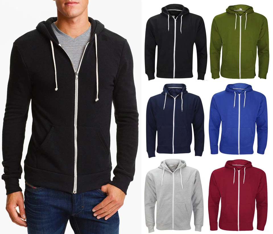 New Mens Plain Fleece Zip Up Top Zipper Hoody Sweatshirt Jacket Jumper Hoodie - Image 3 of 4