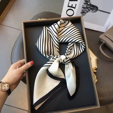 100 Mulberry Silk Scarf Women 68x68 cm White Black Stripe Square Neck Hair