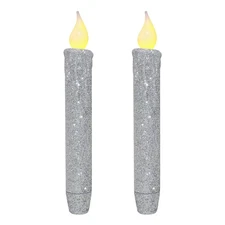 2 PC Glitter Flameless Candles Flickering LED Taper w/ Timer Silver 6-3/4 Inch