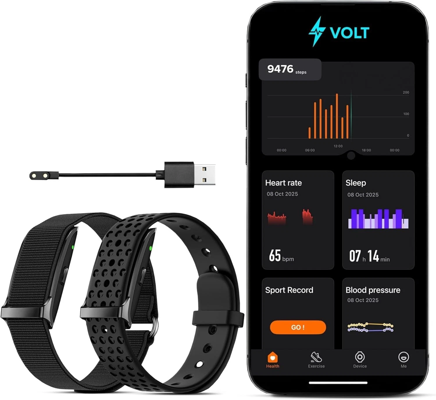 Volt Fitness Tracker Band No Subscription – Wearable Health Universal, Black