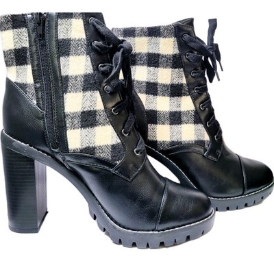 Womens BcbGeneration Black & White Plaid Chunky Heel Pilas Ankle Boots Size 10 M