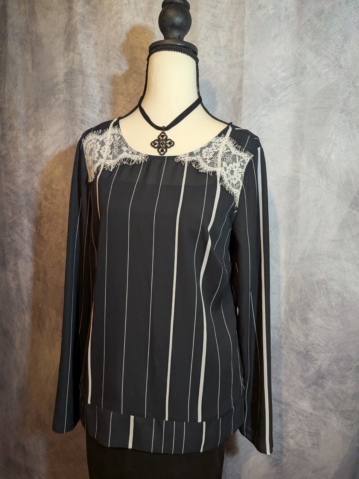 Woman's  Black And White Stiped  Blouse  size small. dark romantic , corp goth