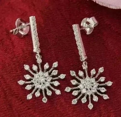 1.50 Ct Real Moissanite Snowflake Drop/Dangle Earrings 14K White Gold Plated
