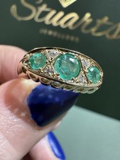 3 Stone Emerald Ring With Diamonds Set In 9ct Yellow Gold Size O
