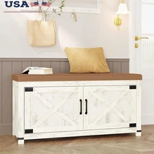 Farmhouse Shoe Bench Cushioned Storage Organizer W/ Barn Doors Entryway New