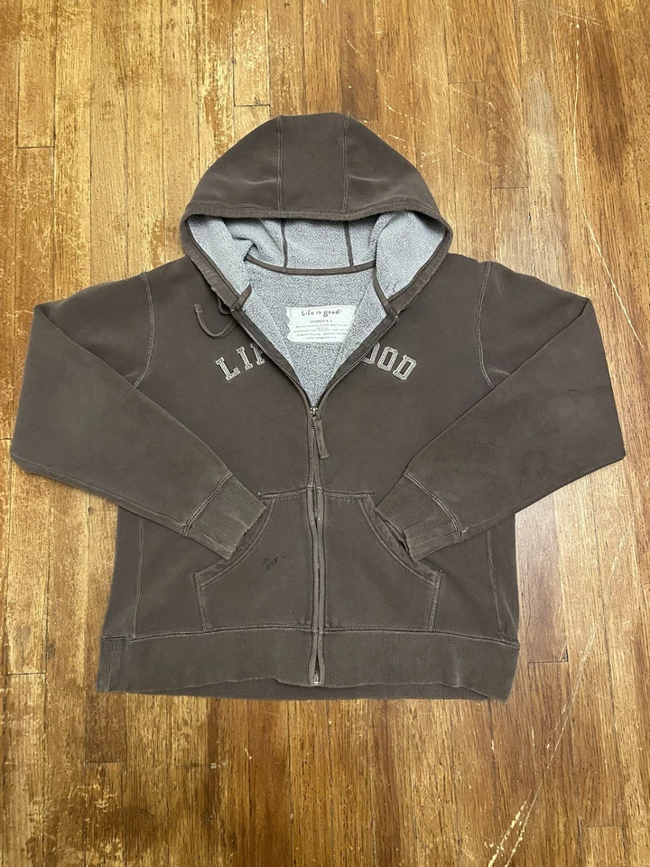 Sudadera con Capucha Vintage Y2K Life Is Good Bordada Marrón Cremallera Completa Grande Foto 4 de 4
