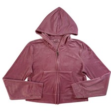 Y2K Juicy Couture Velour Zip Up Hoodie Pink Rhinestone Logo Crop Jacket Large
