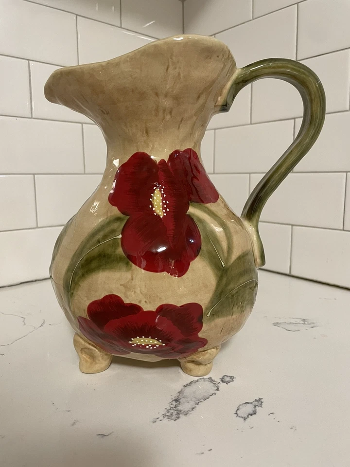 GIFTCRAFT OASIS FOOTED RED FLOWERS GREEN LEAVES TAN BROWN WATER PITCHER - Image 2 of 4