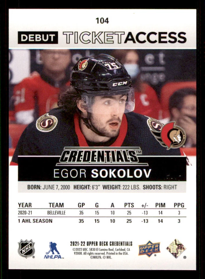 2021-22 Upper Deck Credentials #104 Egor Sokolov RC /999 - Image 2 of 2