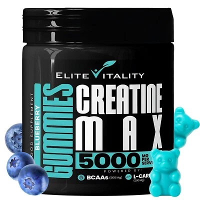 ELITE VITALITY Creatine Max Gummies 5000mg plus 500mg BCAAs + 500mg L-Carnitine - 90 Gummies