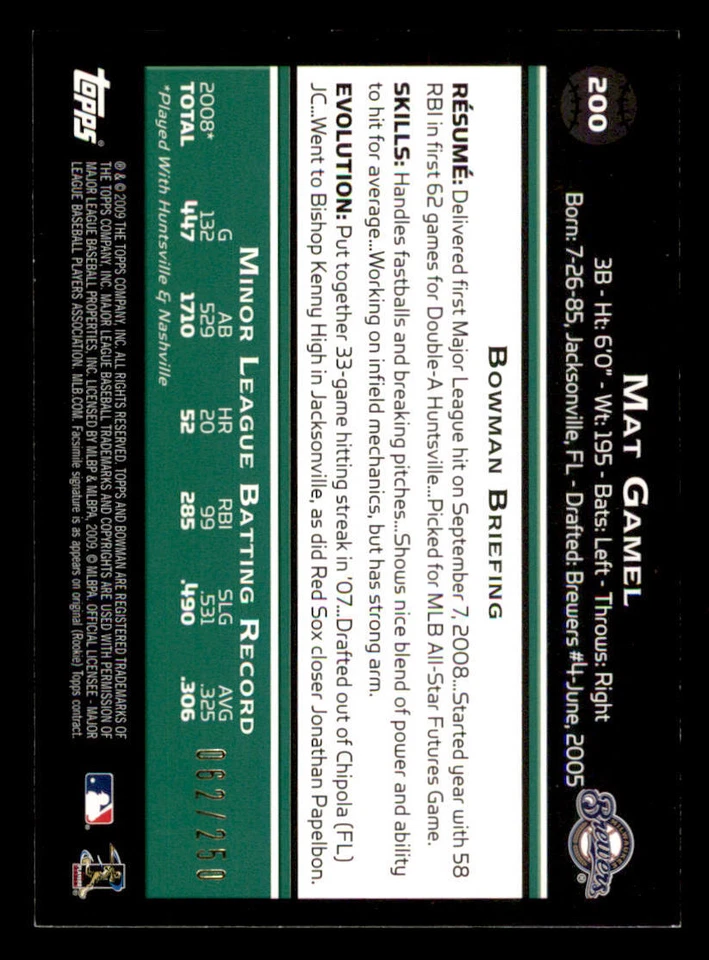 2009 Bowman Orange #200 Mat Gamel /250 - Image 2 of 2