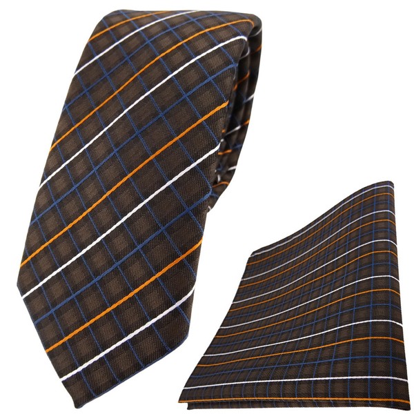 Schmale Tigertie Krawatte + Einstecktuch Braun Orange Silberweiss Blau Gestreift-image