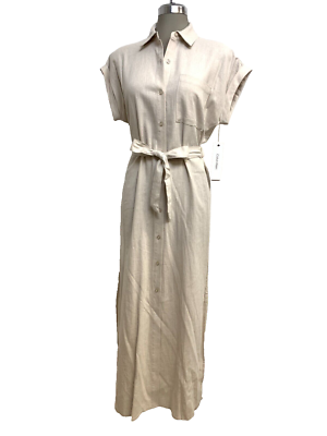 NWT Calvin Klein Elegant Linen Natural Short Sleeve Midi Shirt Dress Belt  siz 10 | eBay