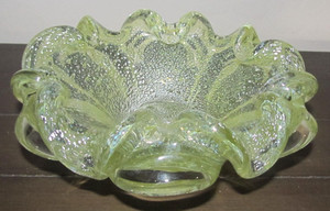 Vintage Murano Bullicante Style Yellow Art Glass Bowl Dish Silver Flakes Bubbles