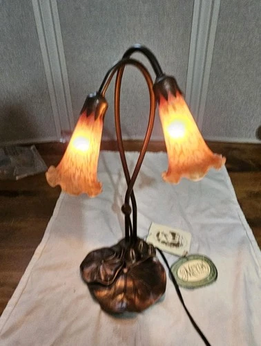 Meyda Tiffany 2 Light Lily Pad Tulip Table Lamp Art Shades Copper Tone Works