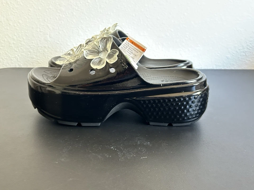 NEW CROCS M 9 W 11 STOMP HYPER FLORAL HIGH SHINE SLIDE Black SLIP ON - Image 3 of 4