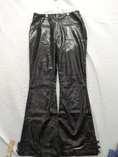 Akira Black Faux Leather Flared Pants With Zipper Pockets Adjustable Hem Strap