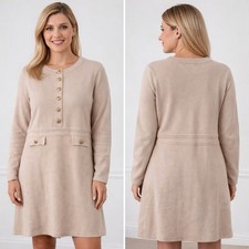 Nerona Knit Dress Size Large NWT Beige Gold Button Sweater Dress Long Sleeve