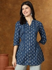Blue Floral Pattern Cotton Handmade Cotton Kurti For Women