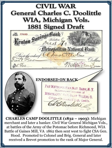 New ListingCIVIL WAR General Charles C. Doolittle, WIA, Michigan Vols., Signed Doc.