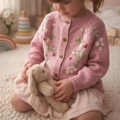 Girls Pink Cotton Knit Cardigan Sweater Floral Embroidered Button Front