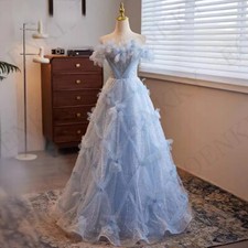 Beading Blue 3D Flowers Off Shoulder Sequined A Line Party Dresses Floor Length