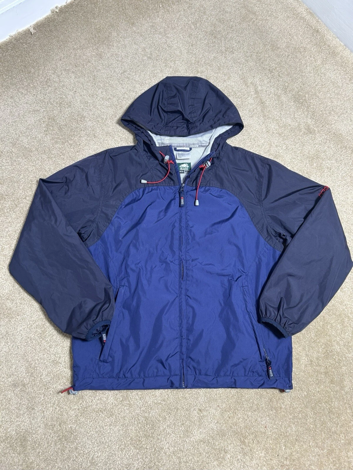Y2K 2003 Roots Mens Windbreaker Hooded Full-Zip Jacket Blue Medium