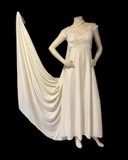 Vtg 70s Ivory Jersey Lace Faux Pearls Maxi Wedding Dress GOWN Romantic Train S