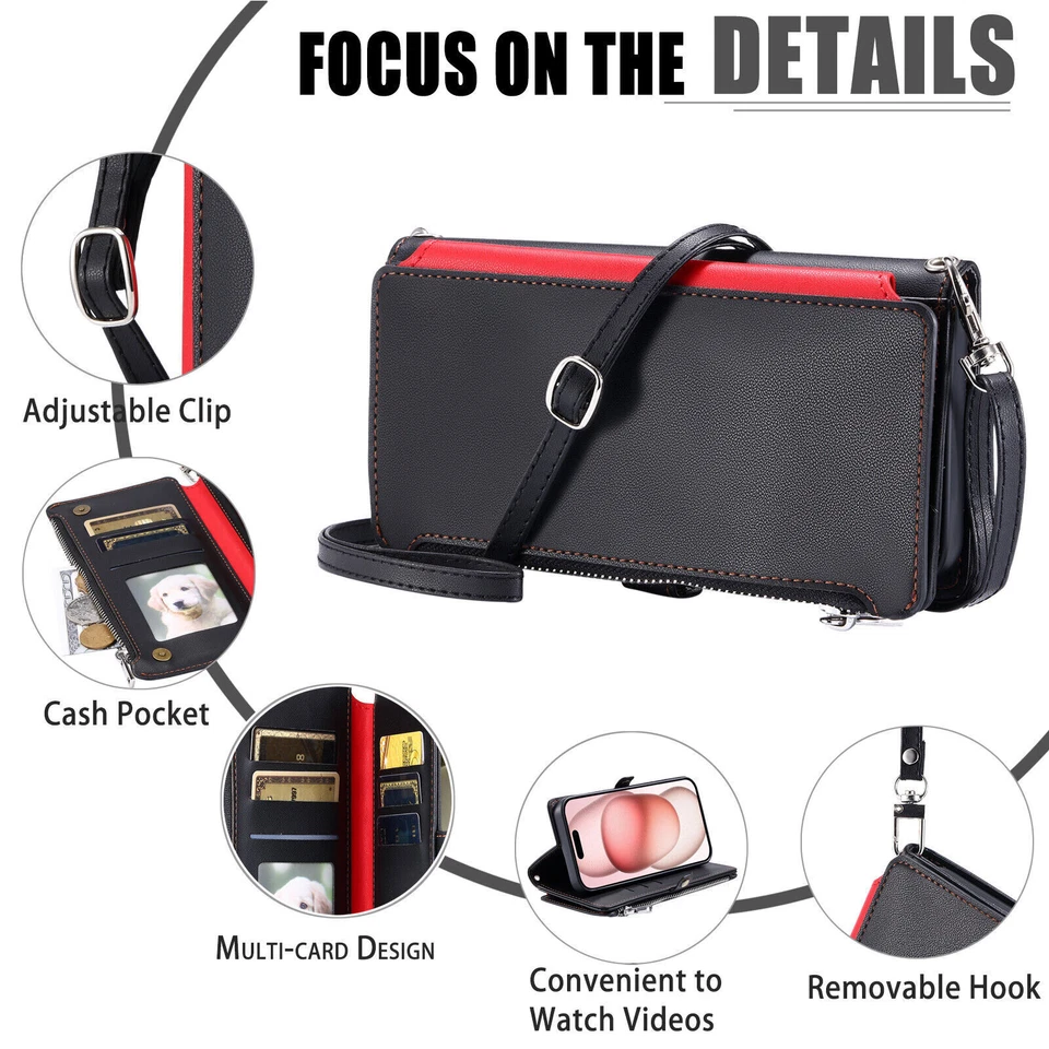 Кожаный чехол-бумажник на молнии через плечо для LG V30 Q60 K50 K40 G6 - Изображение 4 из 4