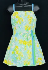 Vintage 1950s swimsuit, one-piece pin up dress green blue yellow L