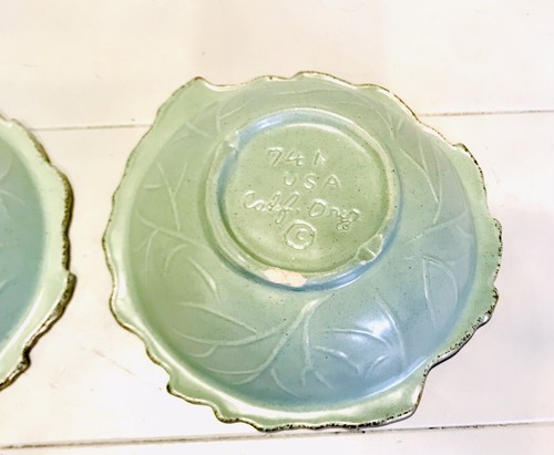 Set 2 California USA Pottery Turquoise Cabbage Leaf Gold Trim Bowl Green #741 - Picture 6 of 10