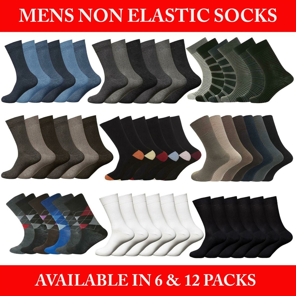 3, 6 & 12 Paar Nicht Elastische Diabetikersocken Lockerer