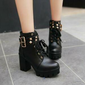 Womens Gothic boots Faux Leather block Heels Platform Lace Up Ankle Punk Boot