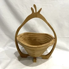 Pear Shaped Wood Bowl Basket Folds Flat Trivet Made In USA