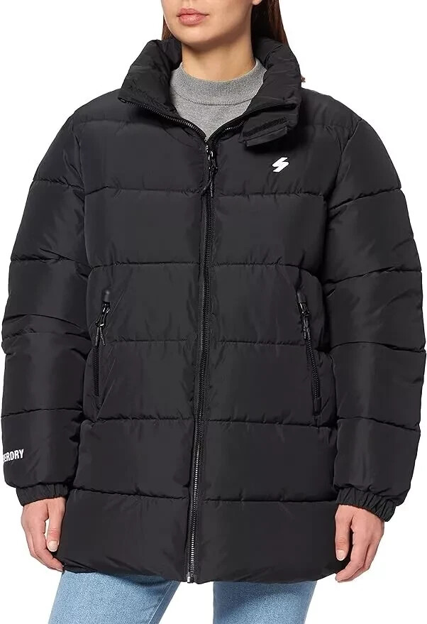 Superdry Women's Longline Sports Puffer Jacket - Black - Sz-8 | eBay