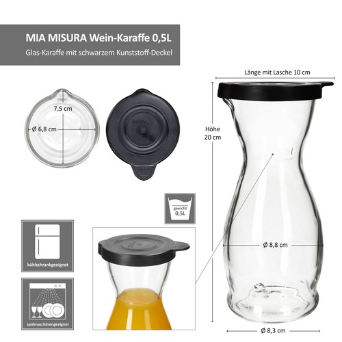 2x MIA MISURA Wein-Karaffe mit Deckel schwarz 0,5L geeicht Glas-Krug Saft Wasser - Bild 6 von 6