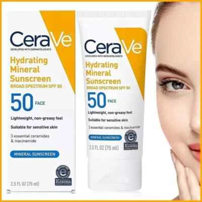 CeraVe SPF50 Sunscreen Hydrating 100% Mineral SPF50 Mineral 75 ml Skin Care NEW