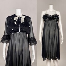 Vintage 1960s Two Piece Black Pale Blue Nylon Shear Lingerie Set Slip Chemise