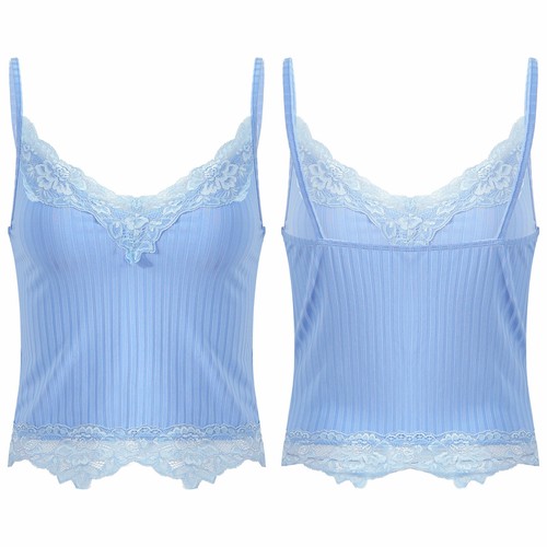 Women Lace Trimming V Neck Crop Top Ribbed Summer Camisole Spaghetti Strap Vest - Picture 32 of 64
