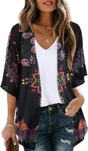 Women'S Floral Print Puff Sleeve Kimono Cardigan Loose Cover up Casual Blouse To