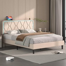 Bed Frame With Charging Station LED Light Twin Full Queen Size Velvet Headboard