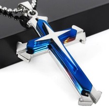 MEN'S HUGE BLUE POLISH STAINLESS STEEL THREE LARGE CROSS PENDANT NECKLACE